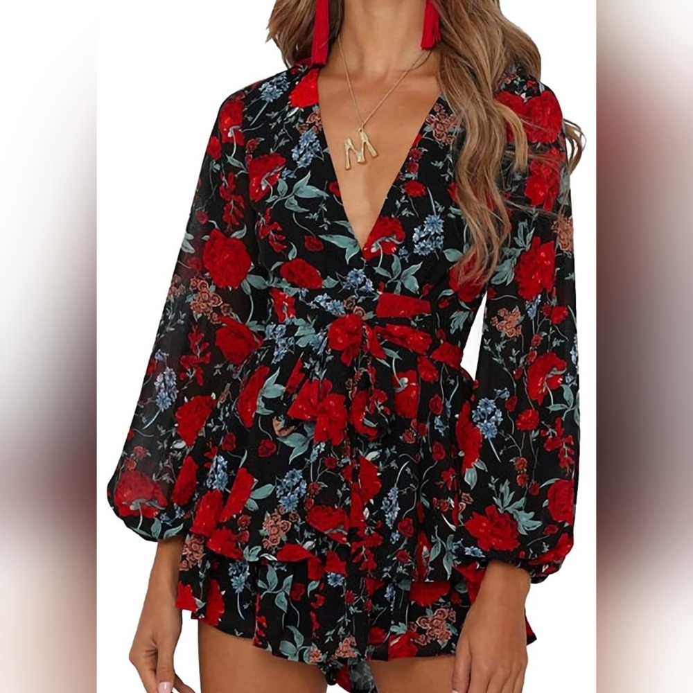 Floral V neck romper